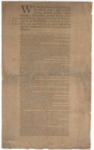 Alkotmány, első nyomtatás, kinyomtatta a Dunlap & Claypoole, 1787. szeptember 17-19. (lásd GLC 695934 a 2. oldalon) alkotó: American School