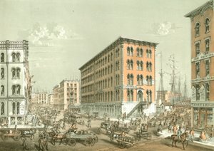 Clark és South Water Street sarka, a Chicago Illustrated-től, James W. Sheahan irodalmi leírásaival, a Jevne & Almini, Chicago, 1866-67 alkotó: American School