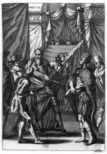 Cortes és Montezuma, Antonio de Solis y Rivadeneira Solis „Mexikó hódításának története” című művéből, 1691 alkotó: American School