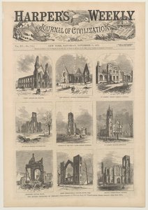 A Harpers Weekly címlapja, amely Chicagó romos templomainak jeleneteit mutatja be, 1871. november 11.