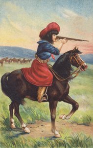 Cowgirl lóháton, puskát céloz (kromolito) alkotó: American School