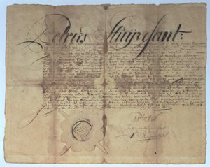 Peter Stuyvesant, Új Hollandia főigazgatója által aláírt okirat 1664. május 15-én alkotó: American School