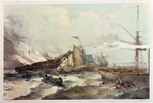Az Óceán Monarch emigráns hajó megsemmisítése, Maclure metszete, 1845