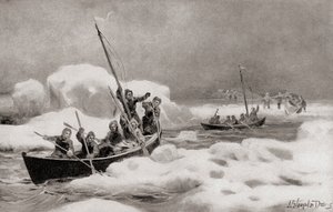 Elisha Kent Kane, az 1853-as második Grinnell-expedíció vezetője, aki Sir John Franklin kapitány elveszett expedícióját keresi az északi-sarkvidéki régiókban, az 1905-ben megjelent Országunk történelméből (litho) alkotó: American School