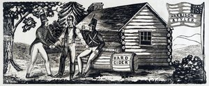 Az 1840-es Harrison és Tyler elnökválasztási kampány jelképe, kocsma. 1840 (fametszet) alkotó: American School