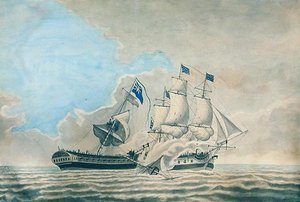 Eljegyzés az amerikai fregatt Constund és a H.M.S. között Guerriere (akvarell, gouache és tinta papíron) alkotó: American School