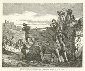 Egy szárnyas emberfejű bika exhumálása Nimrudnál