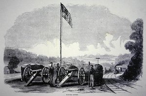 Szövetségi homokzsák akkumulátor a vasút védelmére az amerikai polgárháború idején (1861-65) (litho) alkotó: American School