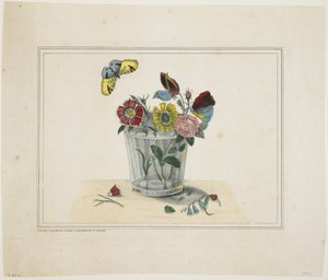 Virágok üvegben, pillangóval (kézzel színezett litho) alkotó: American School