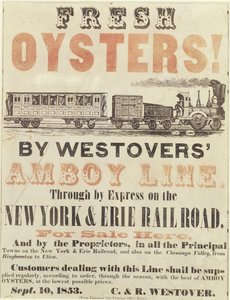 Friss osztriga! Szerző: Westovers Amboy Line, Express by the New York & Erie Railroad, 1853. szeptember 10. alkotó: American School