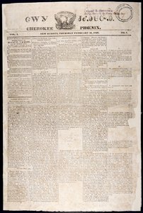 Címlap a Cherokee Phoenixből, 1828. február 21. (nyomtatott) alkotó: American School