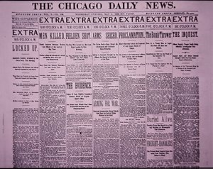 A Chicago Daily News címlapja a Chicago Haymarket Labor Riotról tudósít, 1886. május 5. (újságpapír) alkotó: American School
