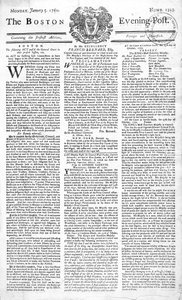A Boston Evening Post címlapja, amely bejelenti II. György király (1683-1760) halálát, 1761. január 5. (nyomtatott) alkotó: American School