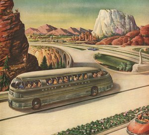 Futurisztikus utasszállító busz utazik egy autópályán az amerikai délnyugaton alkotó: American School