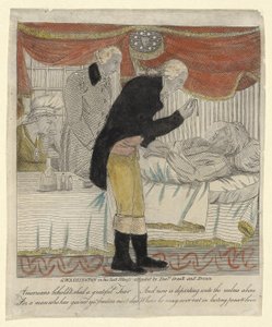 G. Washington utolsó betegségében, Dr. Craik és Brown részvételével, pub. 1800 körül (kézzel színezett gravírozás) alkotó: American School