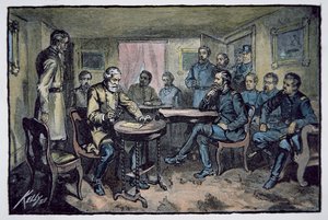 Robert E. Lee tábornok (1807-70) megadja magát Ulysses S. Grant (1822-85) tábornoknak az Appomattox-i bíróságon, 1865. április 9-én (színes litó) alkotó: American School