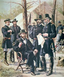 Ulysses Simpson Grant tábornok, az Unió erőinek parancsnoka az 1862. április 6-7-i shilohi csatában (színes litó) alkotó: American School