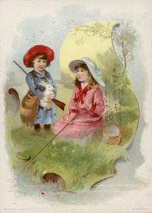 Lány gazdaság fehér nyúl, lány horgászat alkotó: American School