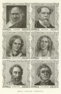 Nagy angol regényírók, R Blackmore, Charles Dickens, Charlotte Bronte, George Eliot, Bulwer-Lytton, W M Thackeray alkotó: American School