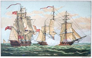 HMS Shannon vs az amerikai Chesapeake 1813-ban az 1812-es háború alatt (színes litó) alkotó: American School