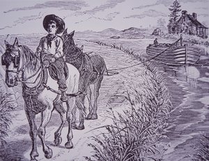 Lovak húzzák a csatornahajót a vontatóúton, Erie-csatorna (metszet) alkotó: American School