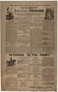 Illusztrált Philadelphia toborzóplakát Hancocks First Army Corps of Veterans számára, beleértve az Uniós férfit és nőt. 1865. február alkotó: American School