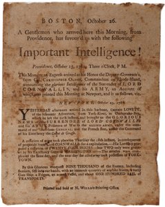 Fontos intelligencia! (bejelenti Cornwallis feladását Yorktownban), kis oldallap, nyomtatta M. Willis, Boston, 1781. október 26. alkotó: American School