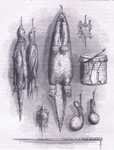 Indiai gyógyszertáska, rejtélyes síp, csaták és dob 1661, illusztráció Cassell története az Egyesült Államok pubjából. készítette: Petter & Galpin 1890 körül (litho) alkotó: American School