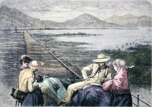 Ellenőrző kocsi a Pacific Railroadon, 1870 körül (színes metszet) alkotó: American School