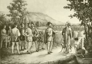 Jacques Cartier, első interjúja az indiánokkal Hochelagában, most Montrealban 1535-ben, 1850 körül alkotó: American School
