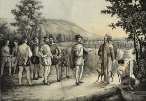 Jacques Cartier, első interjúja az indiánokkal Hochelagában, most Montrealban 1535-ben, 1850 körül alkotó: American School