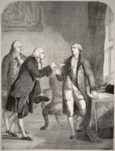 John Adams (1735-1826), mint az első amerikai nagykövet az angol udvarban, átadta megbízólevelét III. György királynak (1738-1820) (litográfia) alkotó: American School
