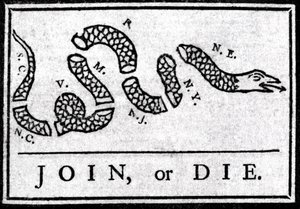 A Join or Die című rajz az első politikai karikatúra, amelyet a „Pennsylvania” Gazette-ben publikált Benjamin Franklin 1754-ben. Ez egy több részre osztott kígyót ábrázol a „Csatlakozz vagy halj meg” felirattal. Ez egy felhívás a 13 amerikai c alkotó: American School