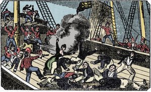 Jean Lafitte (1780-1826) kalóz úriember halála, „A kalóz saját könyve” metszet 1837. alkotó: American School