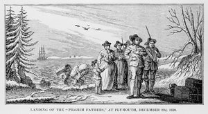 A zarándokatyák partraszállása Plymouthban, Cape Cod-ban, Massachusettsben, 1620. december 22., kinyomtatva a History and Antiquity of New England, New Yorkban... 1842 alkotó: American School