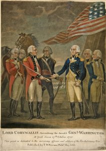 Lord Cornwallis átadja kardját Genl. Washington York Townban alkotó: American School