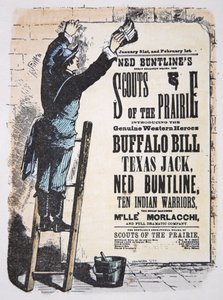 Férfi, aki színházi számlát tesz közzé a "Scouts of the Prairie" című darabról, Buffalo Bill Cody (1846-1917), Texas Jack (1846-79) és Ned Buntline (1823-86) főszereplésével 1874 körül (színes metszet) alkotó: American School