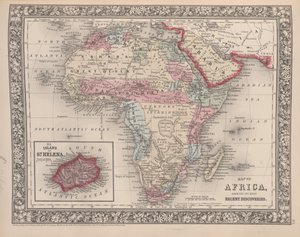 Afrika térképe, amelyen a legutóbbi felfedezések láthatók Szent Ilona szigetével, Mitchells új általános atlaszából, 1863-ból (színes metszet)