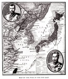 Kelet-Oroszország, Korea és Japán térképe a japán-orosz konfliktus idején (1904-1905). A medalionban II. Miklós orosz cár (1868-1918) és Meidzsi japán császár (1852-1912). Illusztráció, a "Oroszország és Japán és a háború teljes története a alkotó: American School