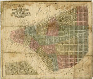 New York város térképe: kifejezetten a Smith Brother számára készült, egy árú ruharaktár... készítette: J.H. Colton & Co., 1854-1869 (fekete és színes tinta papíron) alkotó: American School