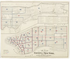 New York megye térképe, amelyen az osztályok és a rendőrségi körzetek, valamint az állomásházak elhelyezkedése látható., 1870 (tintával, papíron) alkotó: American School