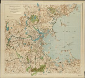 Boston (Massachusetts állam) nagyvárosi kerületének térképe: a helyi nyilvános foglalások és a Metropolitan Park Commission birtokai, 1901 alkotó: American School