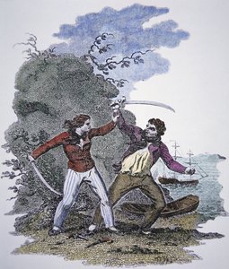Mary Read egy másik kalóz ellen harcol, hogy megmentse férfi szeretője életét (színes metszet) alkotó: American School