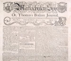 A Massachusetts-i kém fejléce, 1774. július 7. (nyomtatott) alkotó: American School
