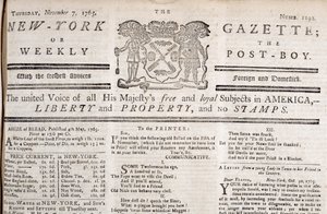 A New York Gazette fejléce, amely kijelenti, hogy ellenzi a bélyegeket, 1765. november 7-én nyomtatva (nyomtatott) alkotó: American School