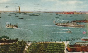New York-i kikötő az akkumulátorból, a Szabadság-szobor és az Ellis-sziget látható, 1910 körül alkotó: American School