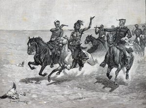 Északnyugati lovasrendőrség „Blackfeet-gyilkos letartóztatása” (litho) alkotó: American School