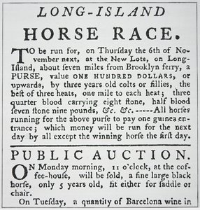 Értesítés egy lóversenyről Long Islanden, a New York-i Rivington