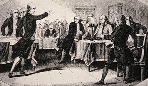 Patrick Henry a virginiai közgyűlés előtt 1775 márciusában (litho) alkotó: American School