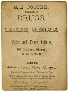 Austens Forest Flower Kölnnel illatosított; S.B, Cooper, kábítószer-kereskedő? [kereskedelmi kártya verso] (nyomtatott) alkotó: American School